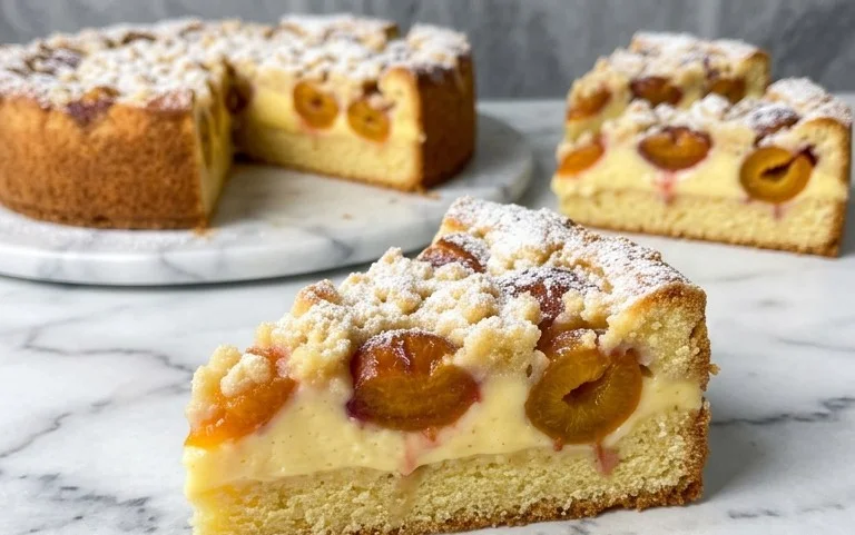 Einfacher Mirabellenkuchen mit Vanillepudding